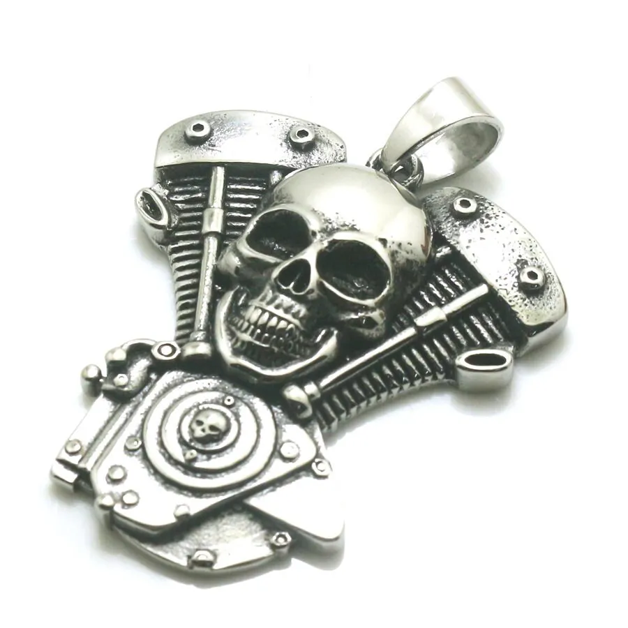 Stainless Steel Biker Engine Skull Pendant Necklace