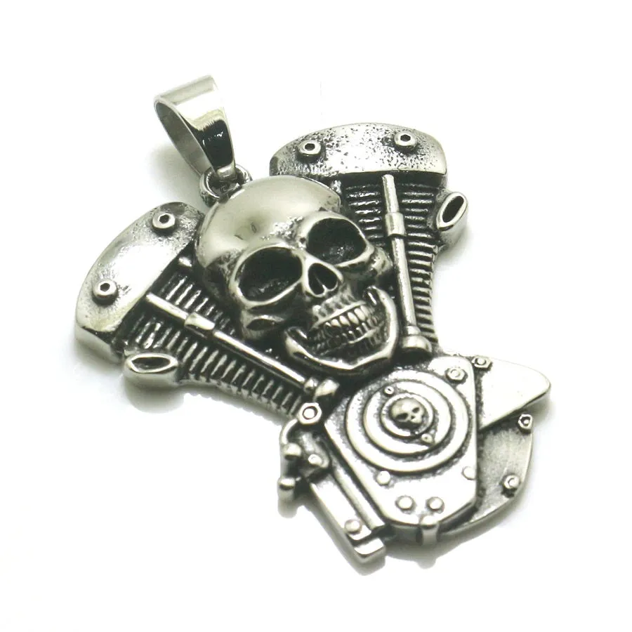 Stainless Steel Biker Engine Skull Pendant Necklace