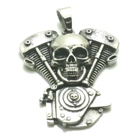 Stainless Steel Biker Engine Skull Pendant Necklace