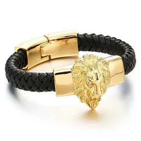 Stainless Steel Gold Plated Black Leather Lion Bracelet