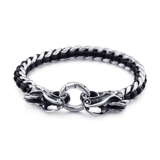 Stainless Steel Intertwined Leather Double Dragon Bracelet