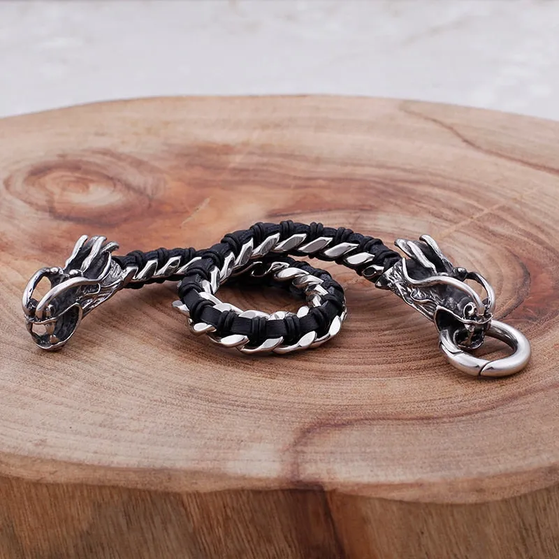 Stainless Steel Intertwined Leather Double Dragon Bracelet