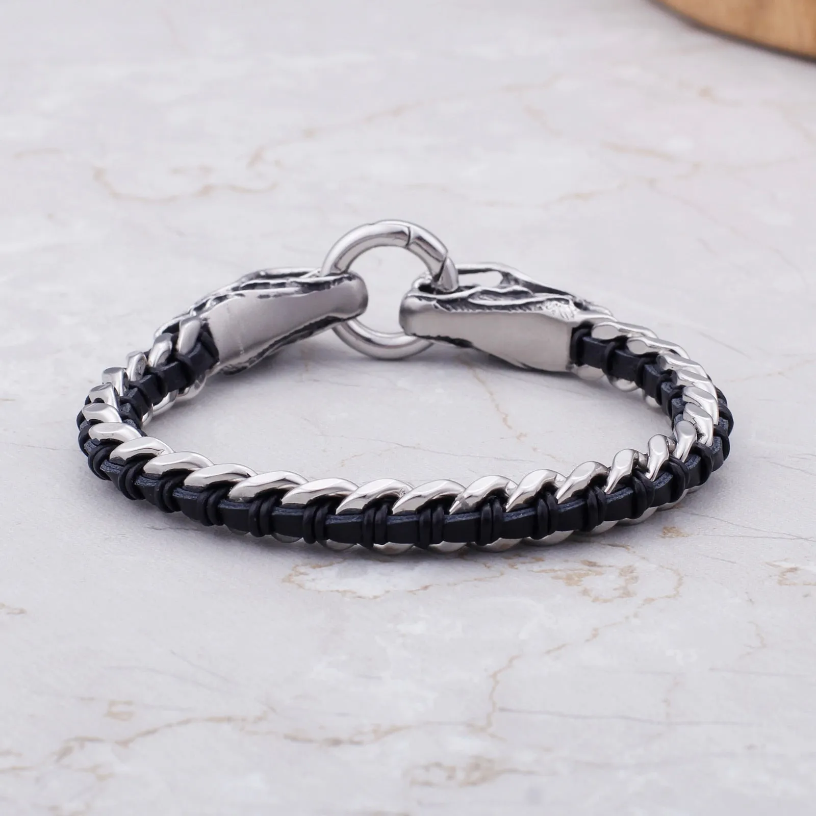 Stainless Steel Intertwined Leather Double Dragon Bracelet