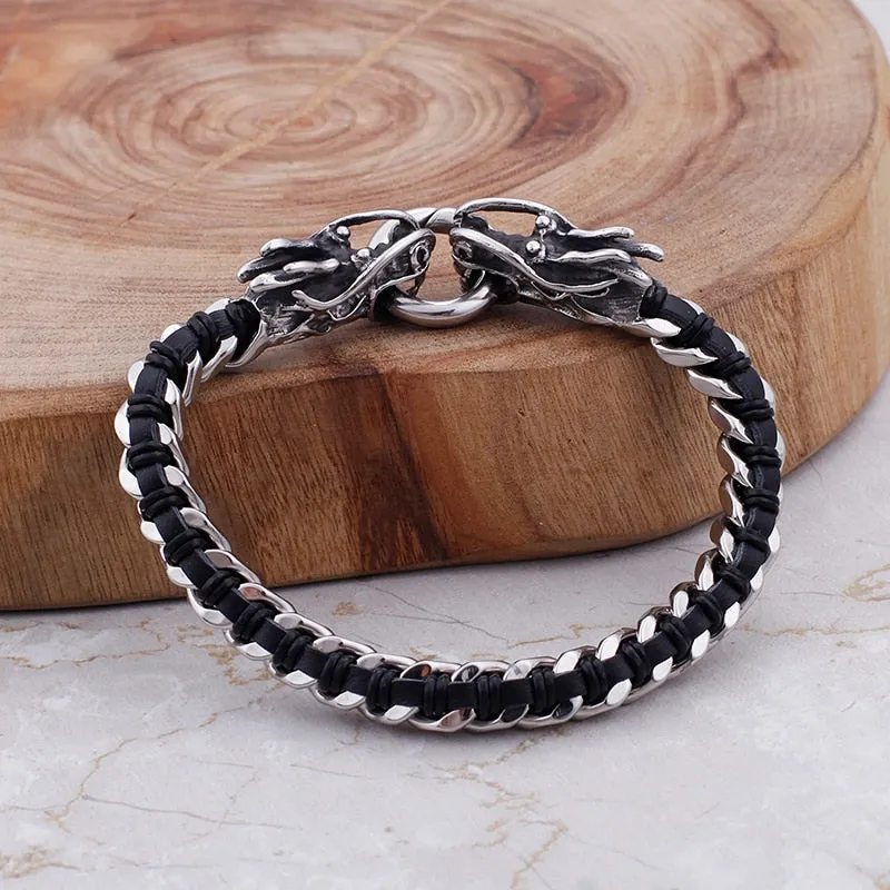 Stainless Steel Intertwined Leather Double Dragon Bracelet