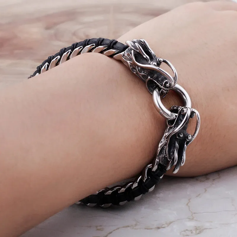 Stainless Steel Intertwined Leather Double Dragon Bracelet