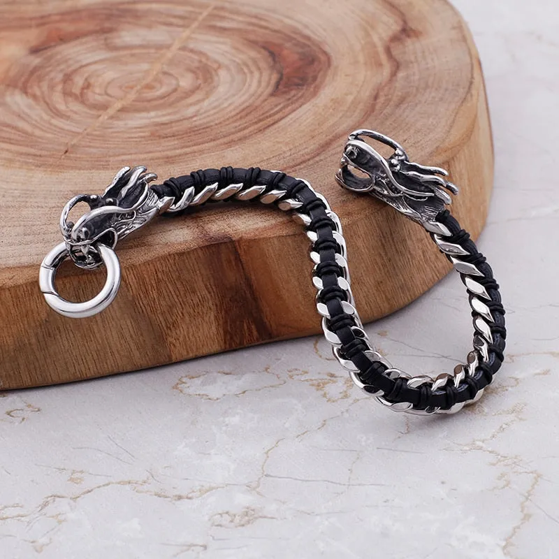 Stainless Steel Intertwined Leather Double Dragon Bracelet