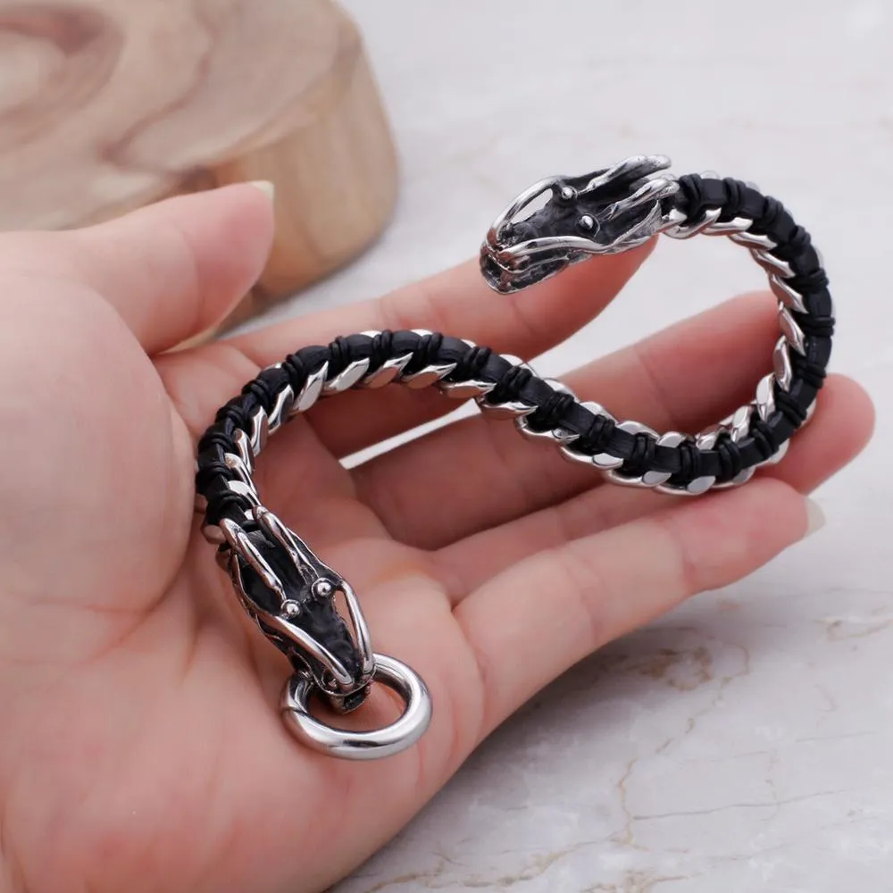 Stainless Steel Intertwined Leather Double Dragon Bracelet