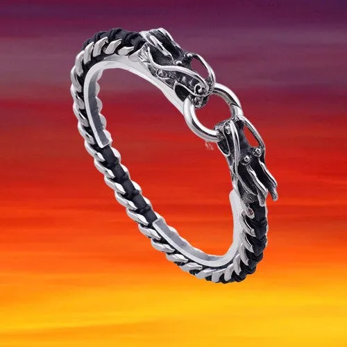 Stainless Steel Intertwined Leather Double Dragon Bracelet