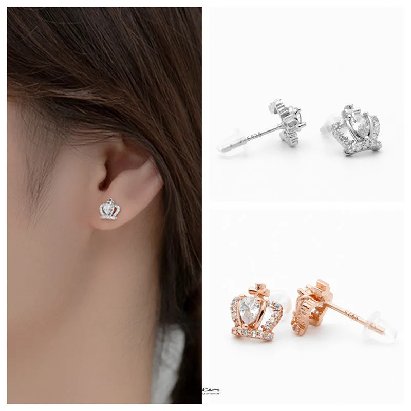 Sterling Silver Crown Stud Earrings - Silver