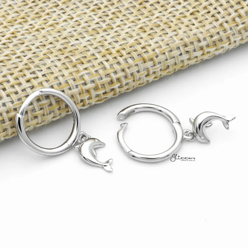 Sterling Silver Huggie Hoop Earrings with Dangle Dolphin - Silver