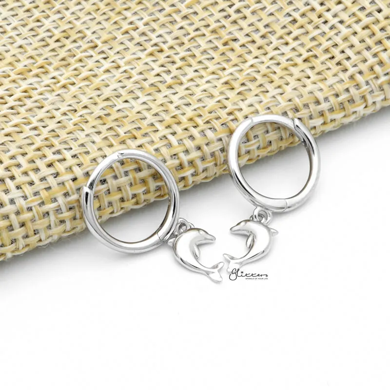 Sterling Silver Huggie Hoop Earrings with Dangle Dolphin - Silver