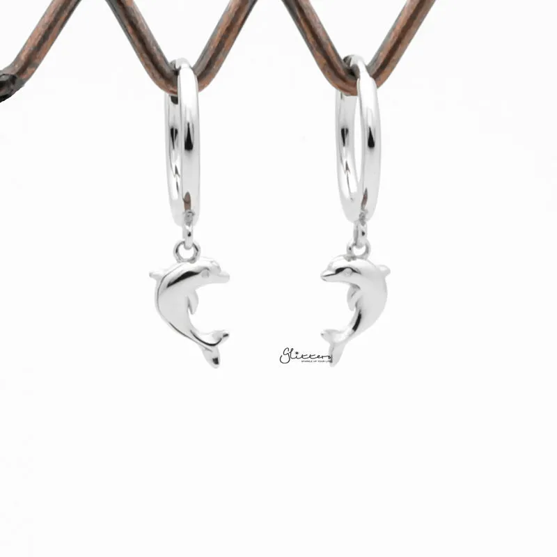 Sterling Silver Huggie Hoop Earrings with Dangle Dolphin - Silver