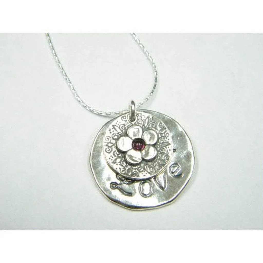 Sterling Silver Necklace with a flower motif engraved love