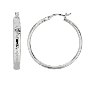 Sterling Silver Rhodium Finish Hammered Finish Hoop Earrings