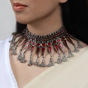 Teejh Bheena Red Silver Oxidised  Choker Necklace