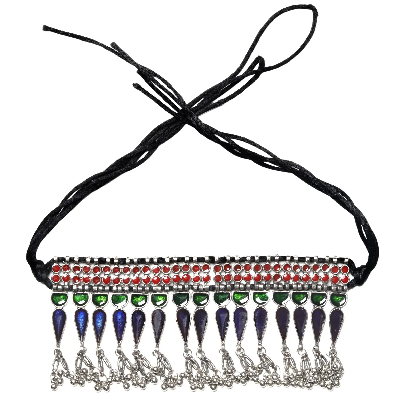 Teejh Siam Mutlicolored Silver Oxidised  Choker Necklace