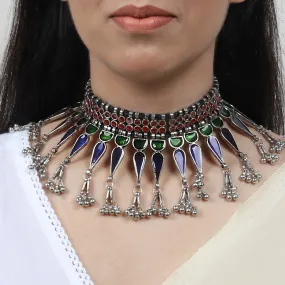 Teejh Siam Mutlicolored Silver Oxidised  Choker Necklace