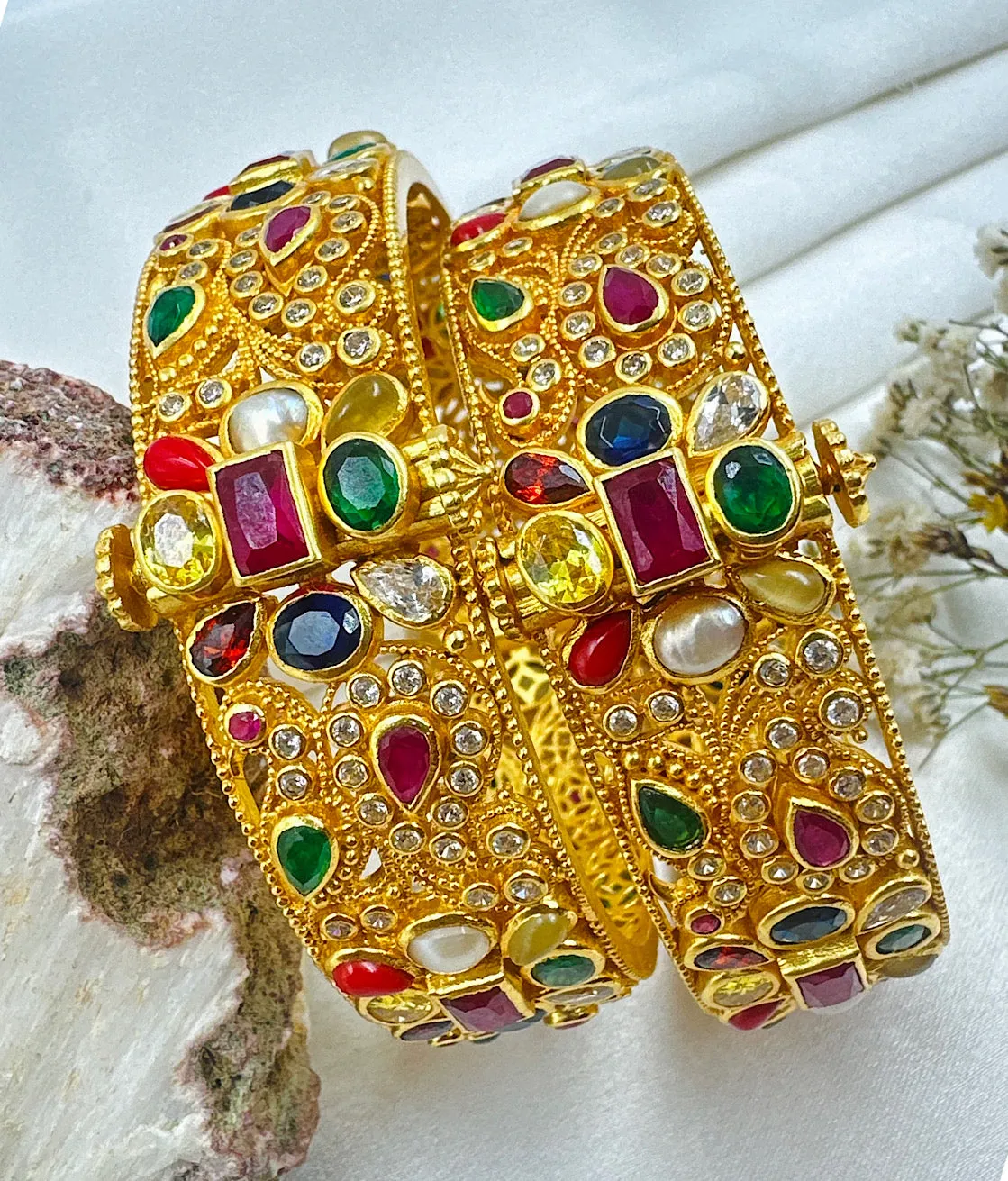 The Silver Navratna Openable Kada Bracelet (Size 2.2/2.6/2.8)