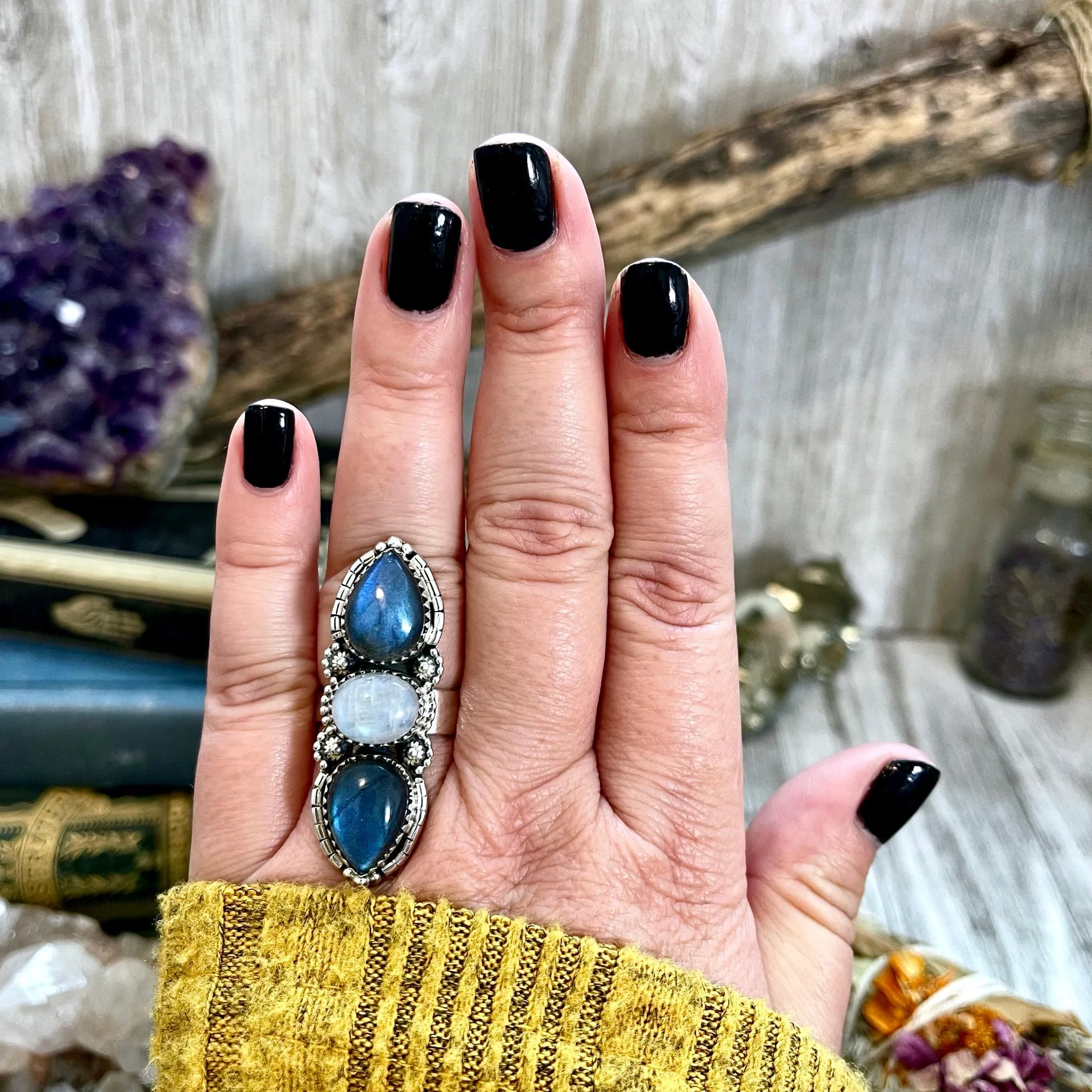 Three Stone Labradorite and Rainbow Moonstone Crystal Ring in Sterling Silver- Designed by FOXLARK Collection Adjustable to Size 6 7 8 9