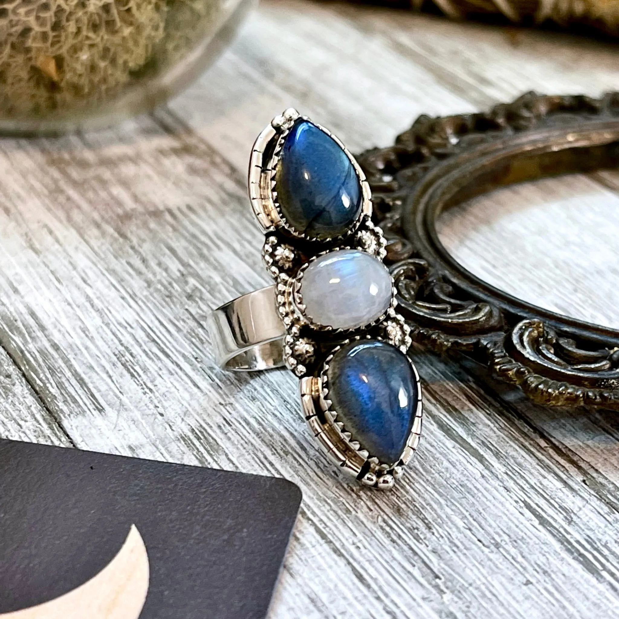 Three Stone Labradorite and Rainbow Moonstone Crystal Ring in Sterling Silver- Designed by FOXLARK Collection Adjustable to Size 6 7 8 9