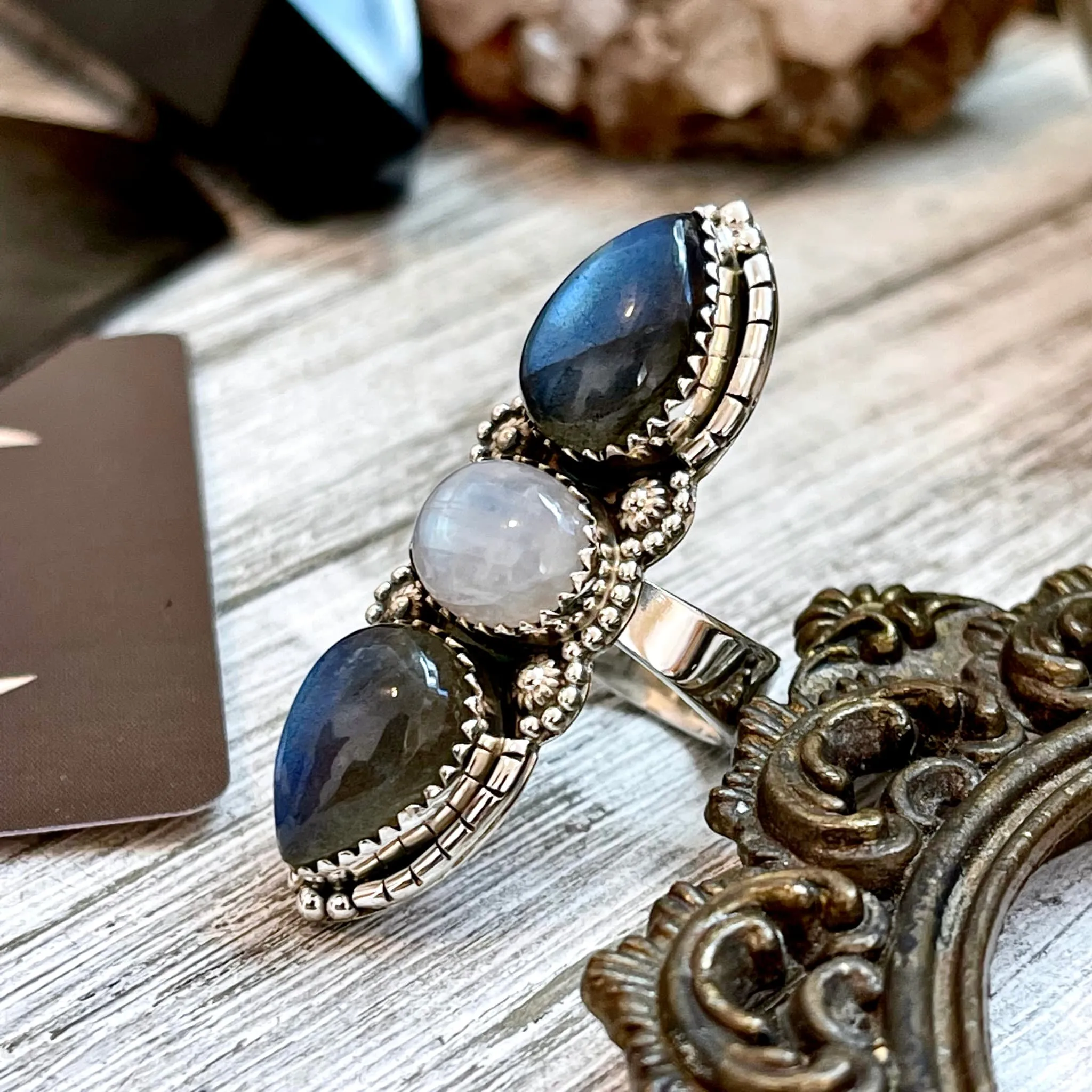 Three Stone Labradorite and Rainbow Moonstone Crystal Ring in Sterling Silver- Designed by FOXLARK Collection Adjustable to Size 6 7 8 9