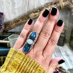 Three Stone Labradorite and Rainbow Moonstone Crystal Ring in Sterling Silver- Designed by FOXLARK Collection Adjustable to Size 6 7 8 9