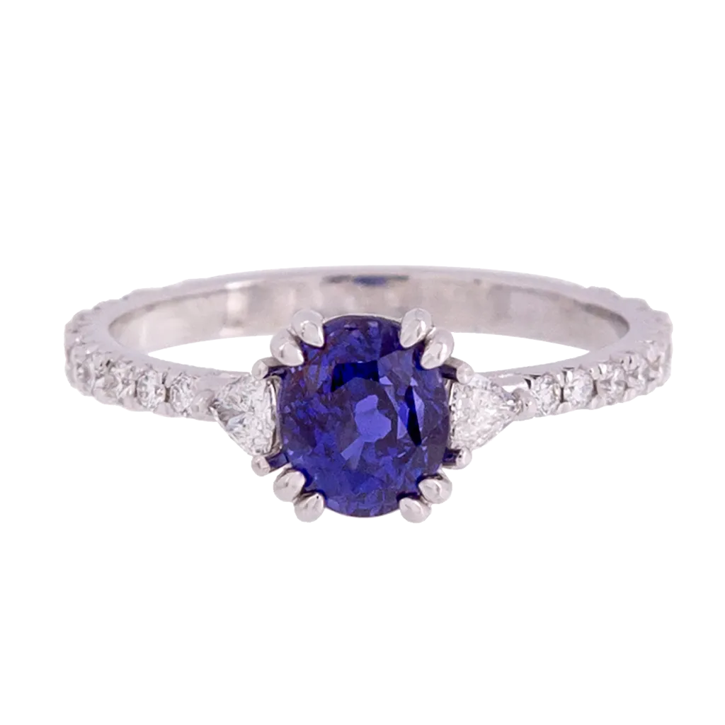 Three Stone No Heat Ceylon Sapphire and Trillion Diamond Ring