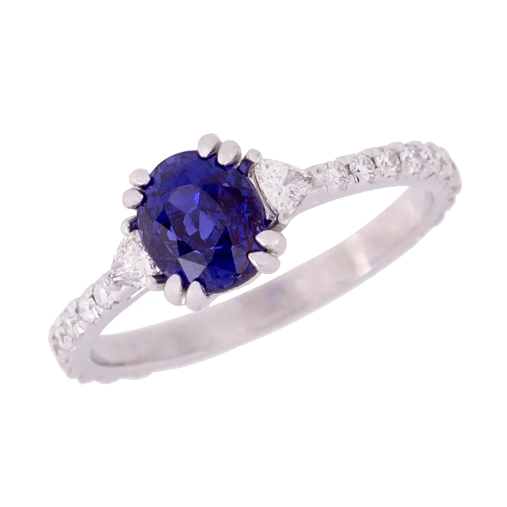 Three Stone No Heat Ceylon Sapphire and Trillion Diamond Ring