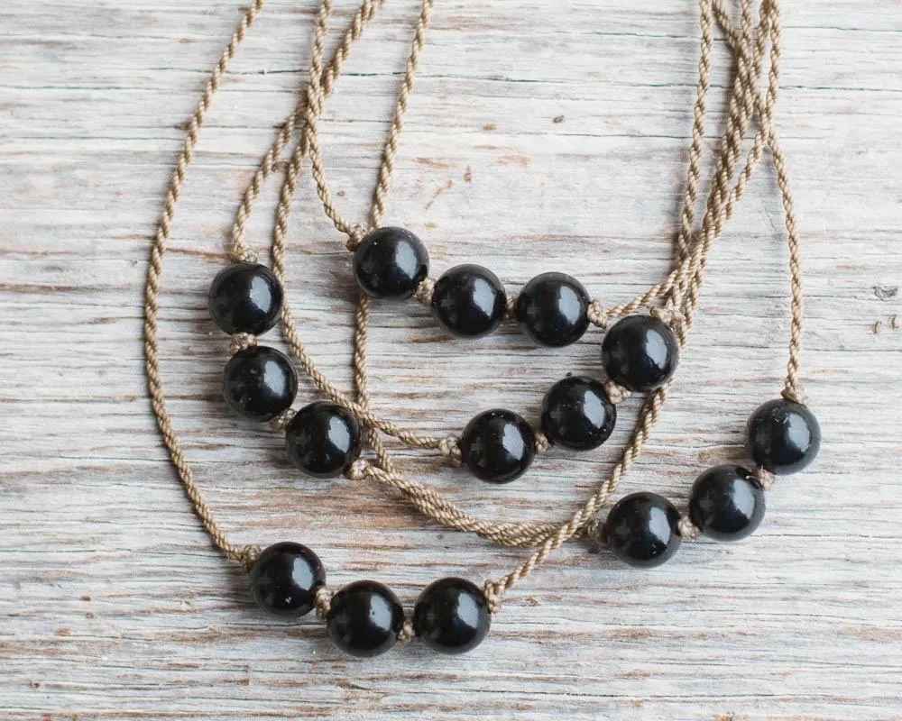 Triple Knotted Necklace-1759-Black Onyx Round Medium