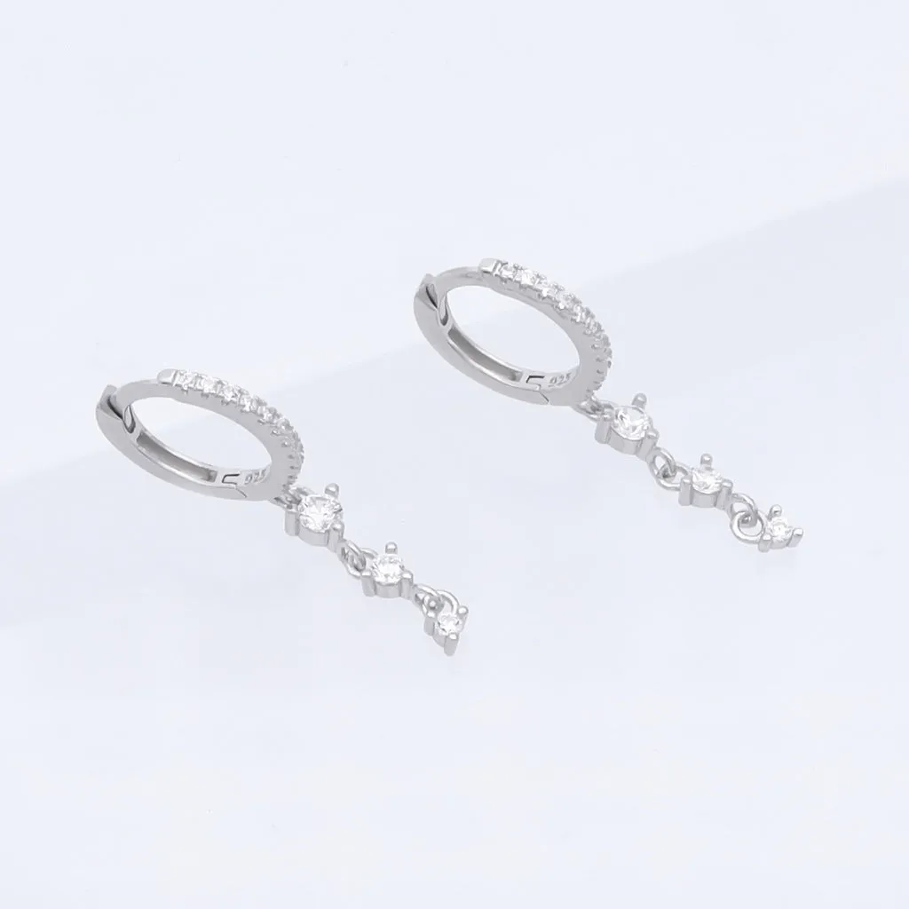 Triple Round CZ Charm Hoop Earrings - Silver