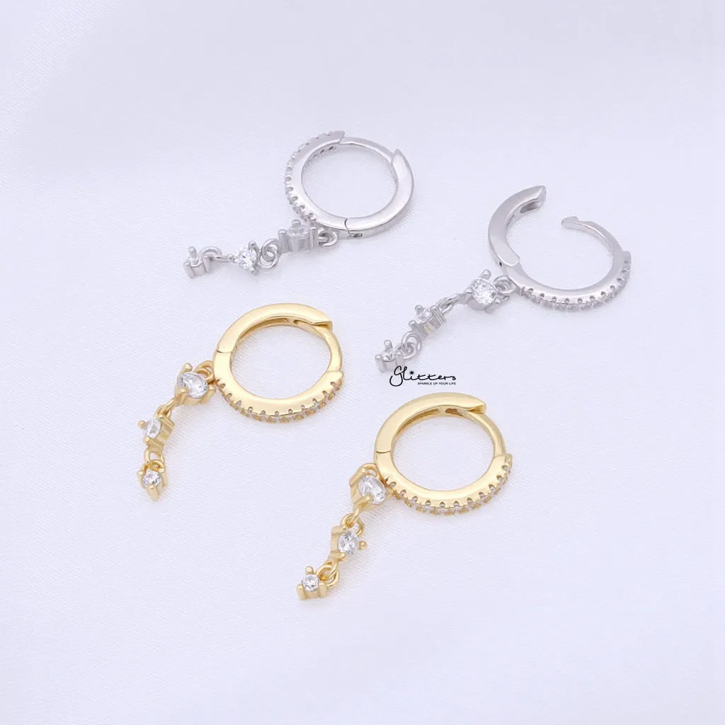 Triple Round CZ Charm Hoop Earrings - Silver