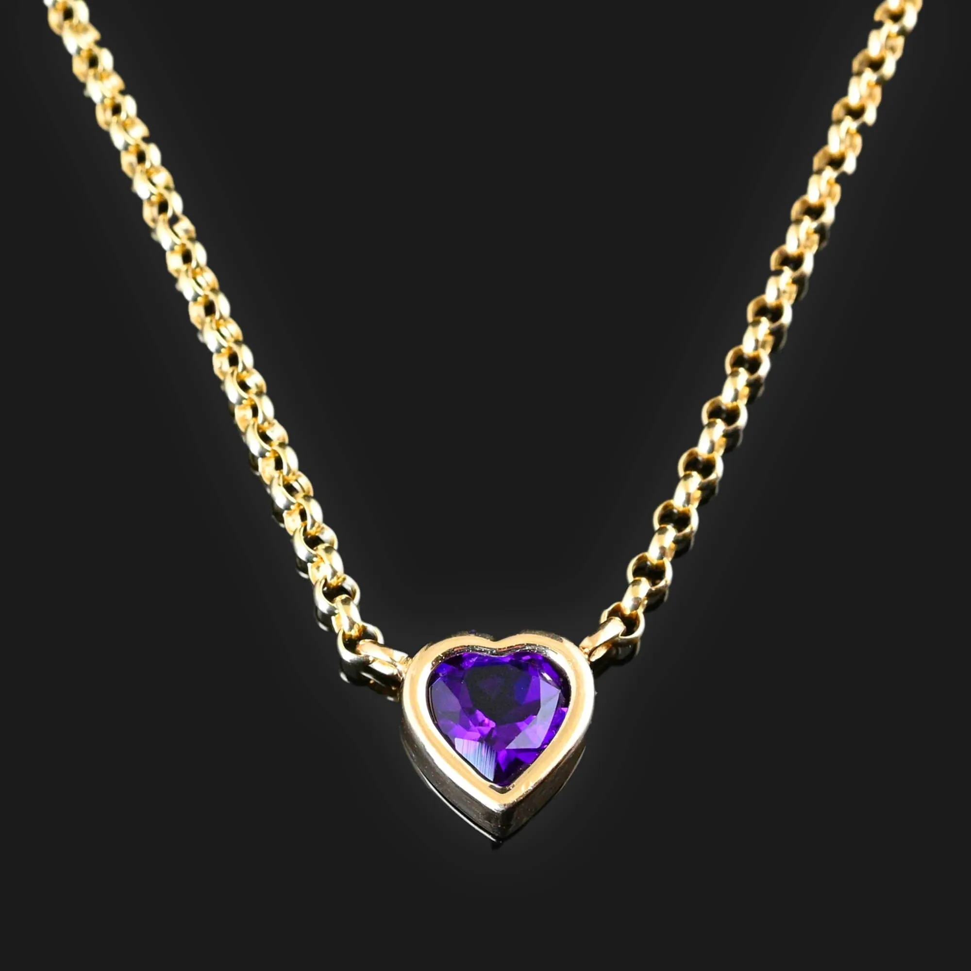 Vintage 14K Gold Amethyst Heart Necklace, Rolo Chain