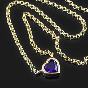 Vintage 14K Gold Amethyst Heart Necklace, Rolo Chain