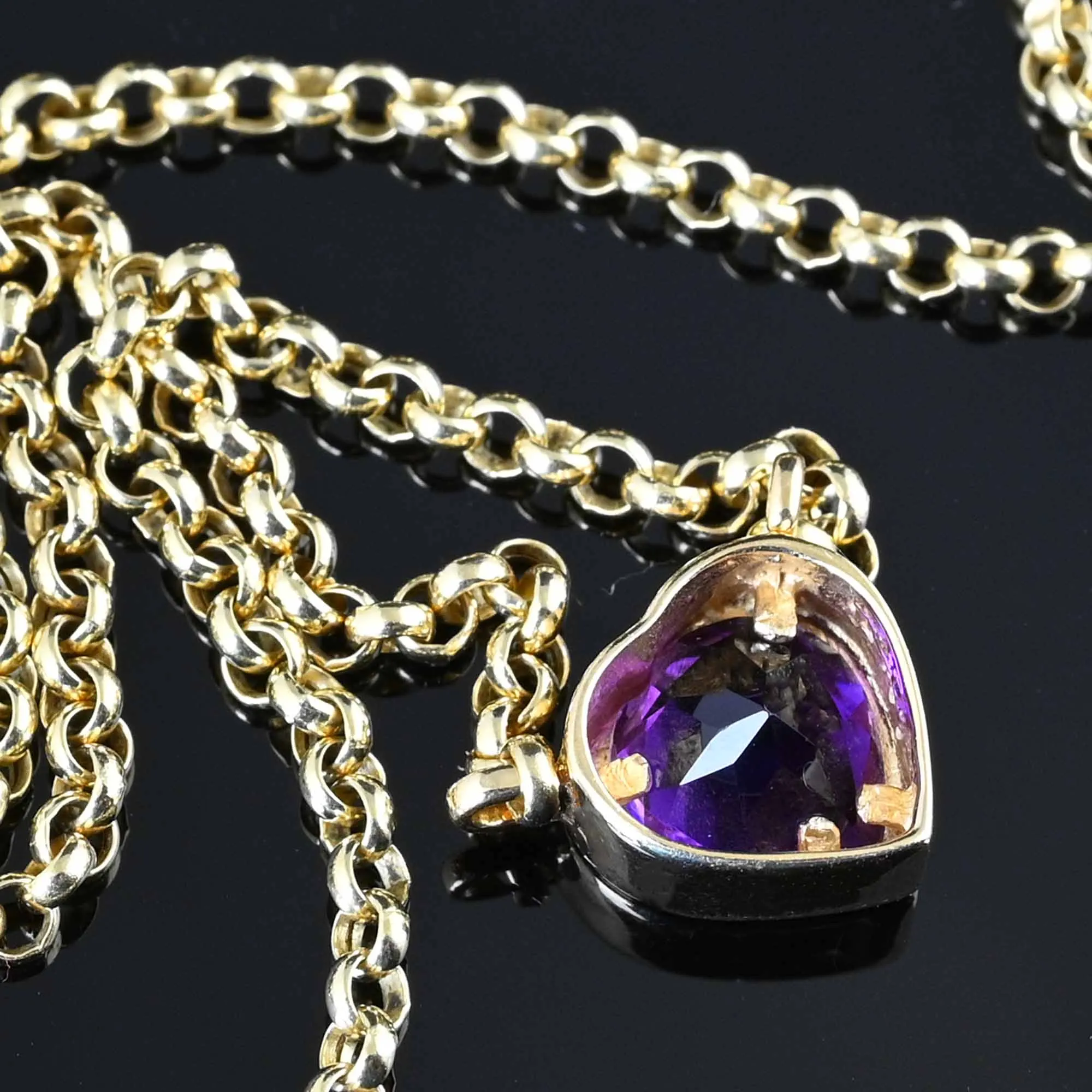 Vintage 14K Gold Amethyst Heart Necklace, Rolo Chain