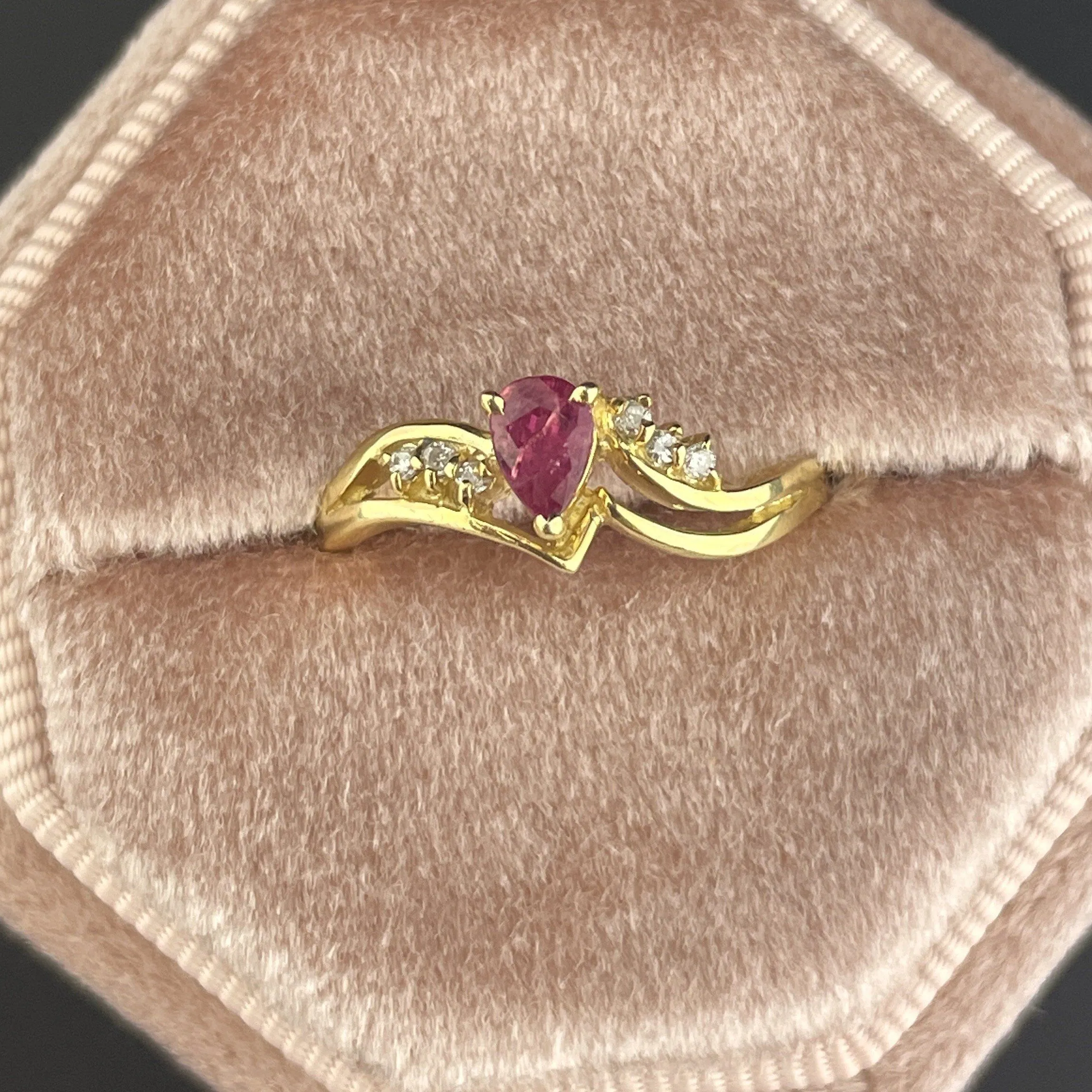 Vintage 14K Gold Diamond Ruby Pear Solitaire Ring, Sz 6.5