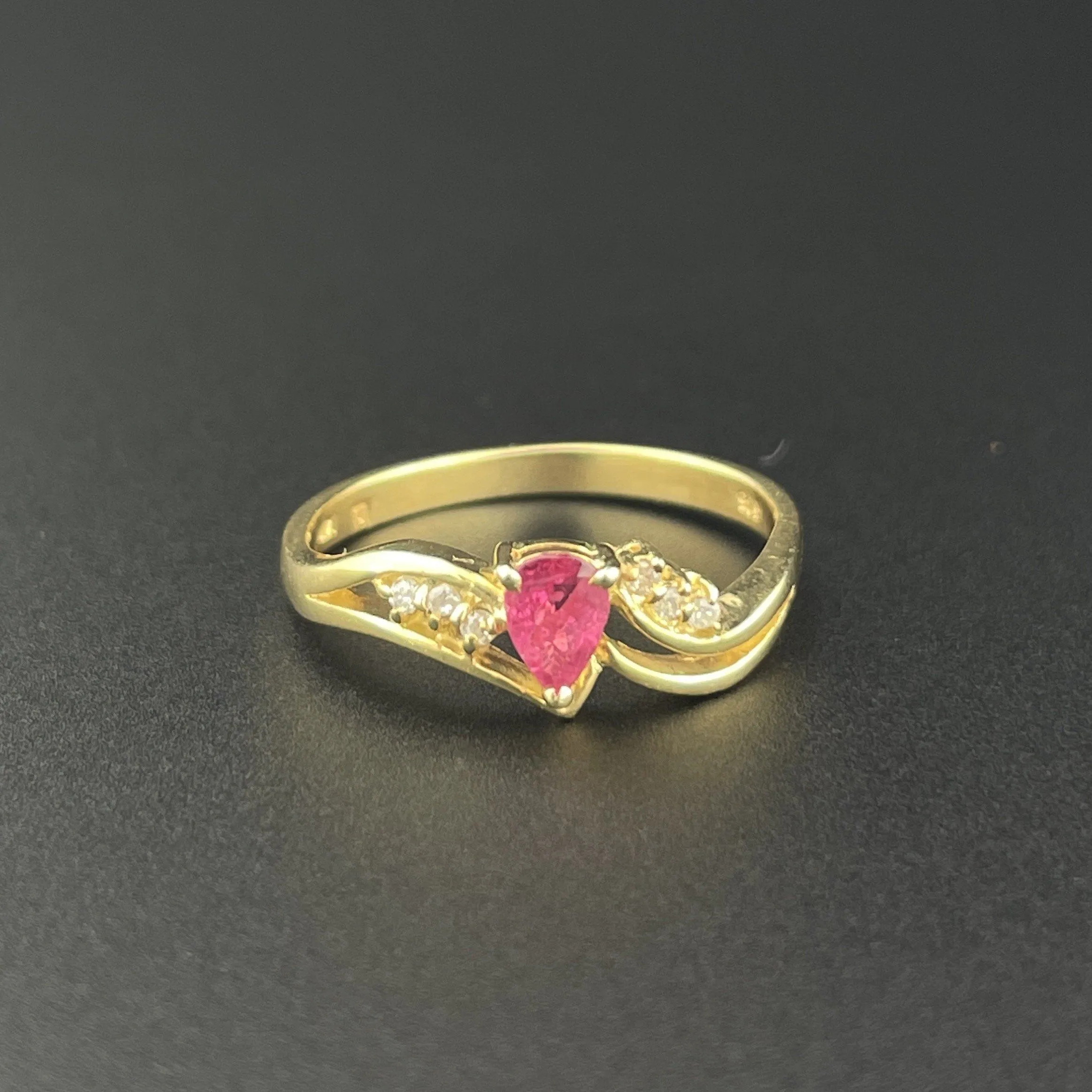 Vintage 14K Gold Diamond Ruby Pear Solitaire Ring, Sz 6.5