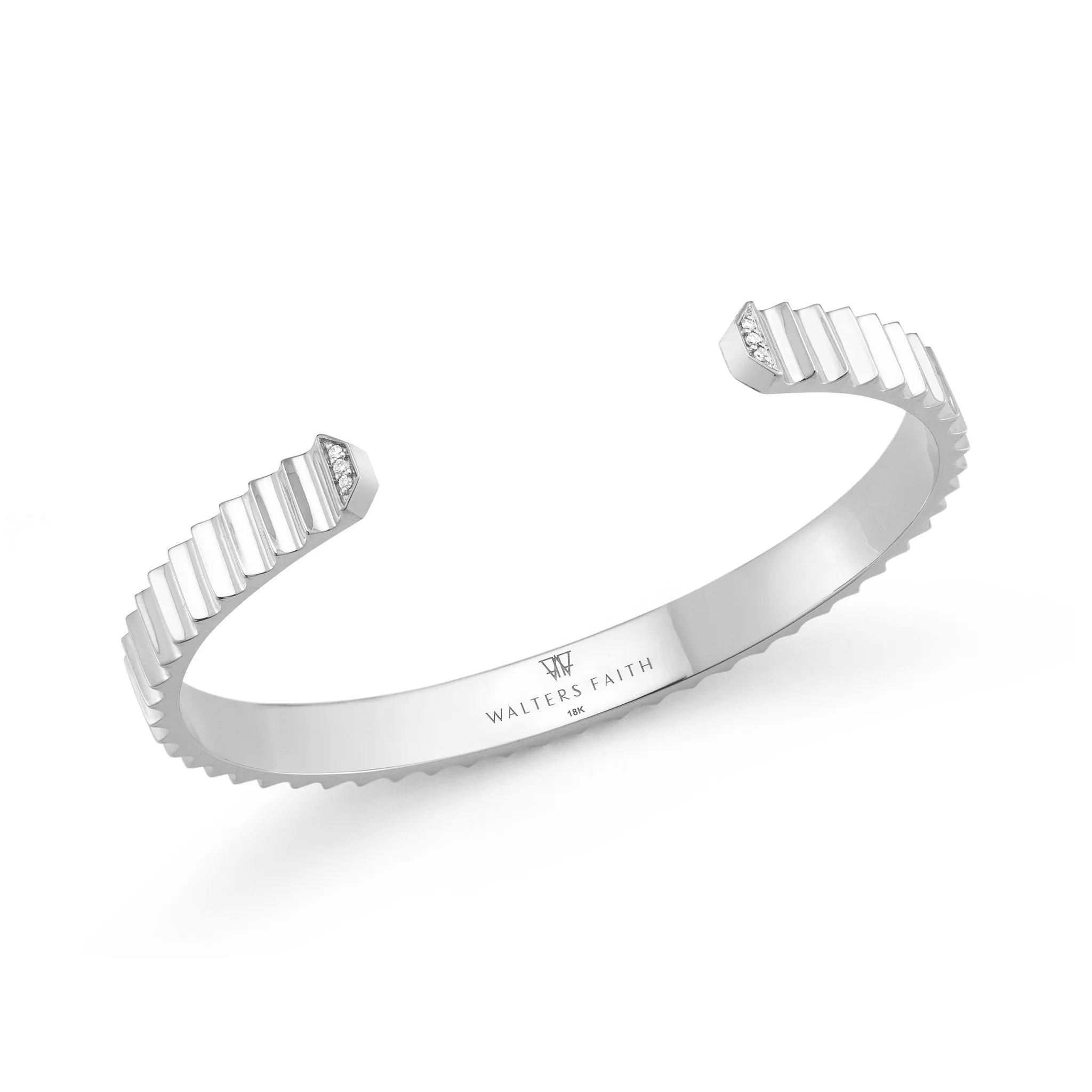 WALTERS FAITH CLIVE 18K WHITE GOLD FLUTED CUFF BRACELET WITH DIAMOND ACCENT EDGE